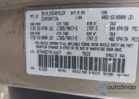 2004 Dodge Ram 2500 Slt/Laramie from USA, damaged, VIN 3D7KA28C74G184277